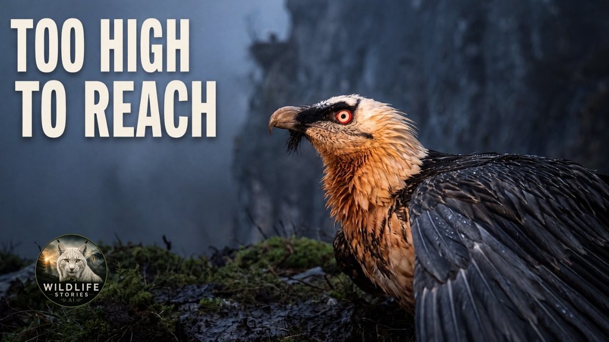 Episode thumbnail: a bearded vulture with a red eye ring and a drooping wing, on the ground below misty cliffs, with the words Too high to reach