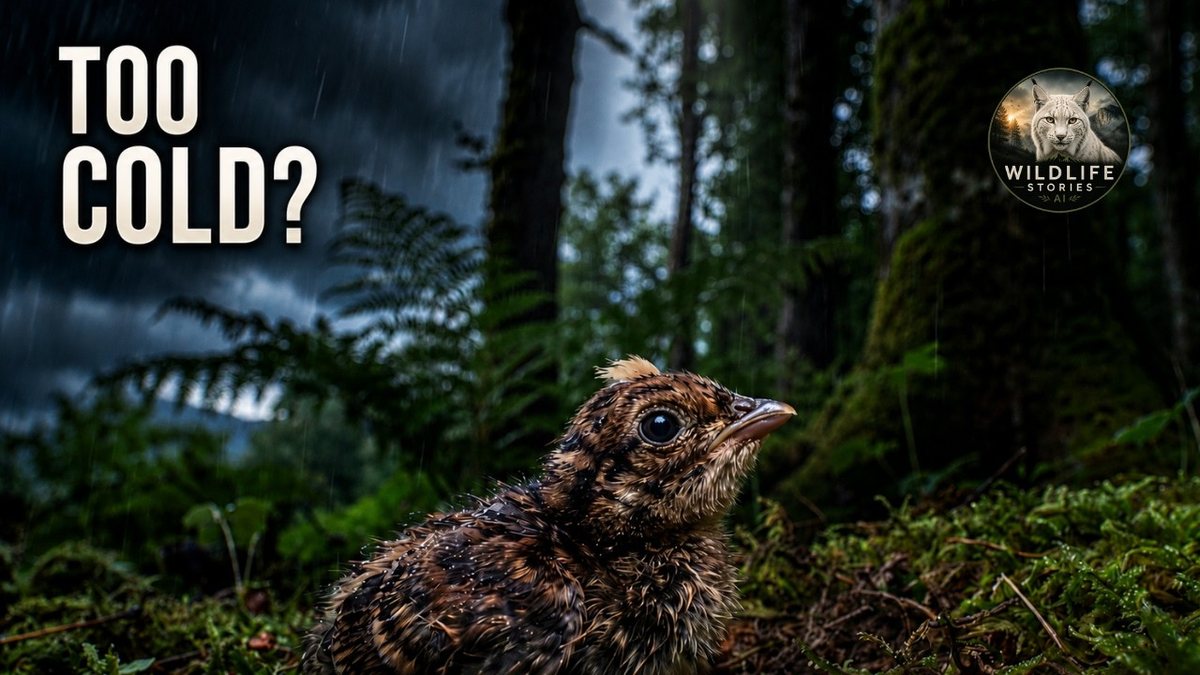 Episode thumbnail: a downy capercaillie chick on the wet forest floor in heavy rain, with the words Too cold?