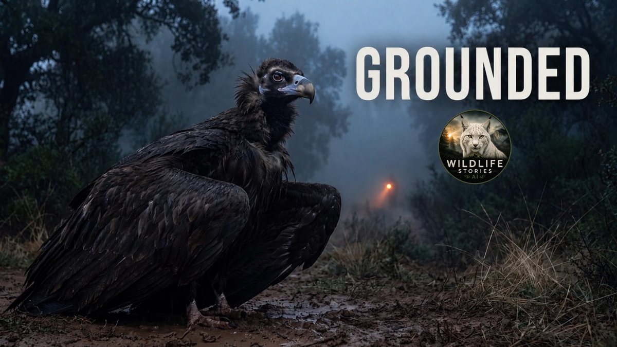 Episode thumbnail: a dark cinereous vulture crouched on the ground in a misty forest, with a torch glowing behind, with the words Grounded