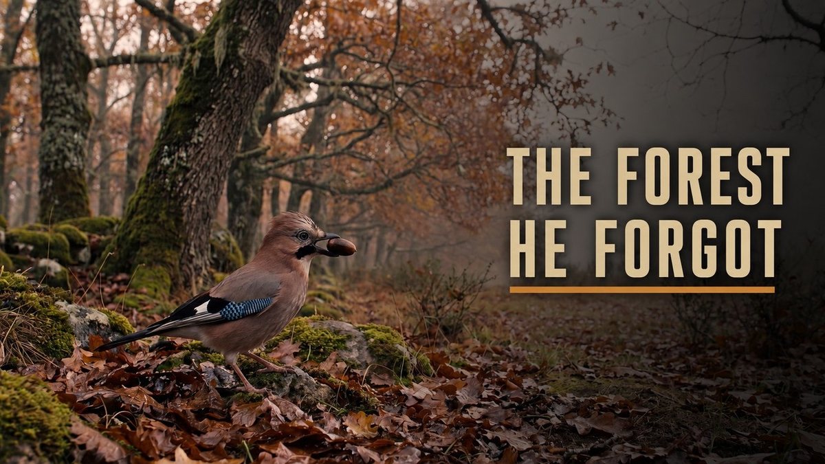 Episode thumbnail: a jay holding an acorn in its beak on the leaf litter of an autumn oak forest, with the words The forest he forgot