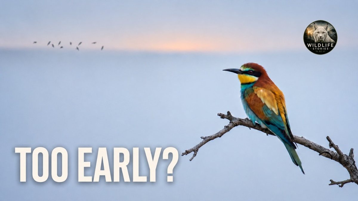 Episode thumbnail: a bee-eater perched alone on a bare branch against a pale sky, with a distant flock on the horizon, with the words Too early?