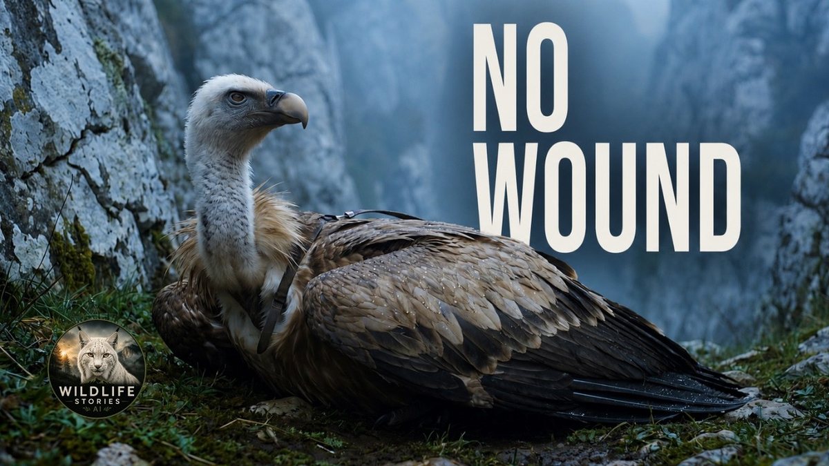 Episode thumbnail: a griffon vulture lying in the grass at the foot of a limestone wall in the mist, with the words No wound