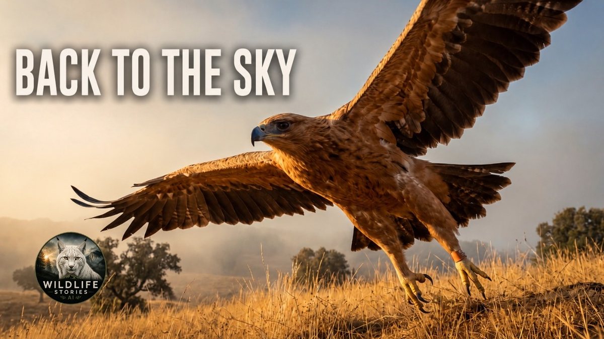 Episode thumbnail: a young eagle with its wings spread low over dry grassland in morning mist, with the words Back to the sky