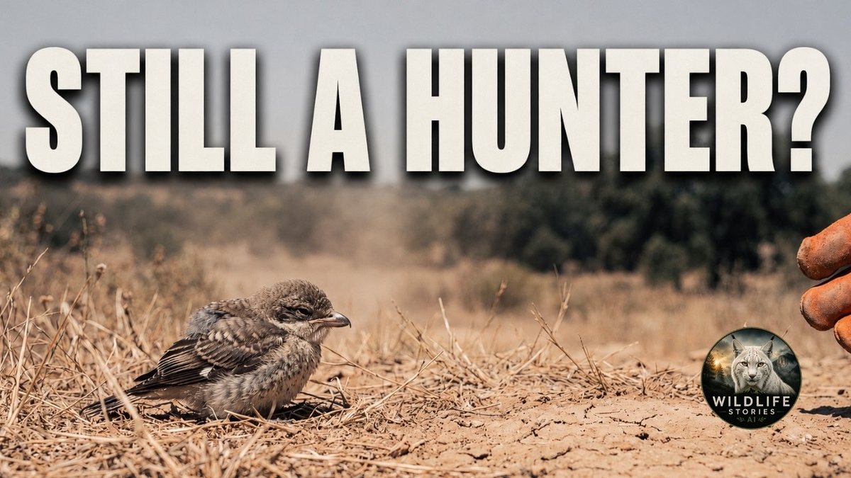 Episode thumbnail: a small young shrike crouched on dry bare ground, with a gloved hand at the edge of the frame, with the words Still a hunter?