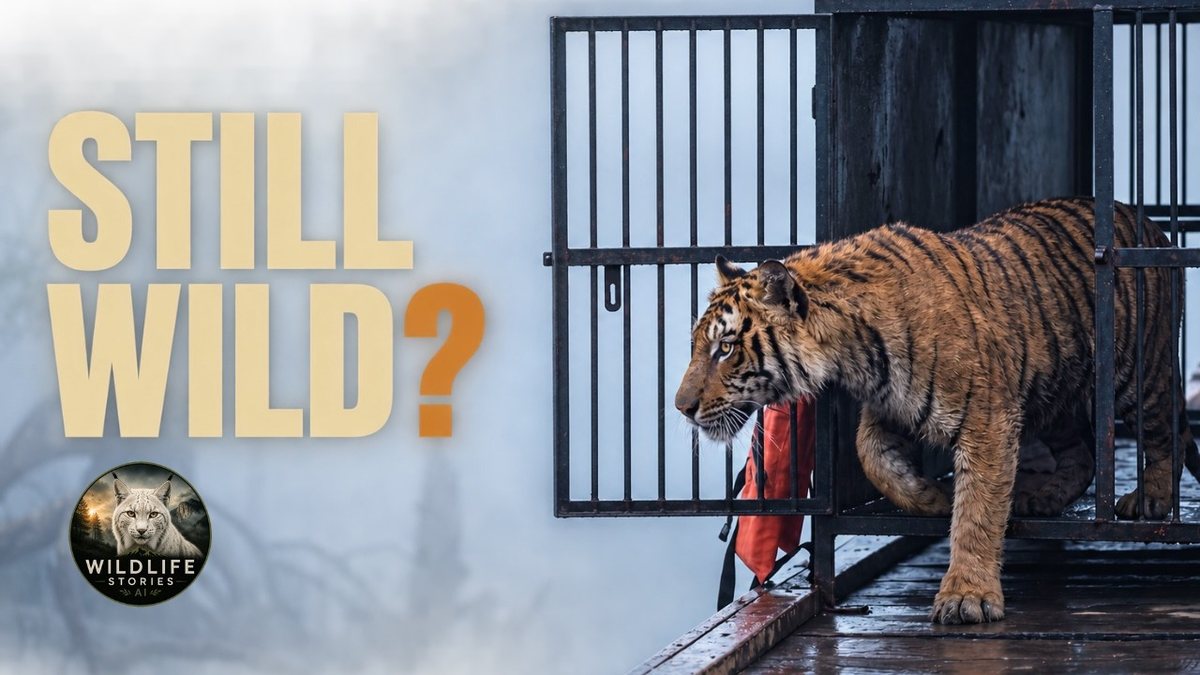Episode thumbnail: a tiger stepping out of an open metal cage onto a wet wooden platform, with the words Still wild?