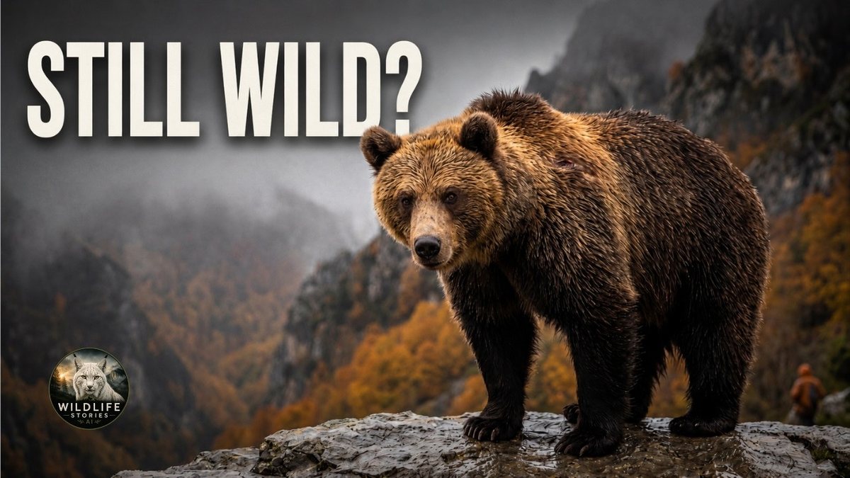 Episode thumbnail: a wet brown bear standing on a rock ledge above a misty autumn valley, with the words Still wild?