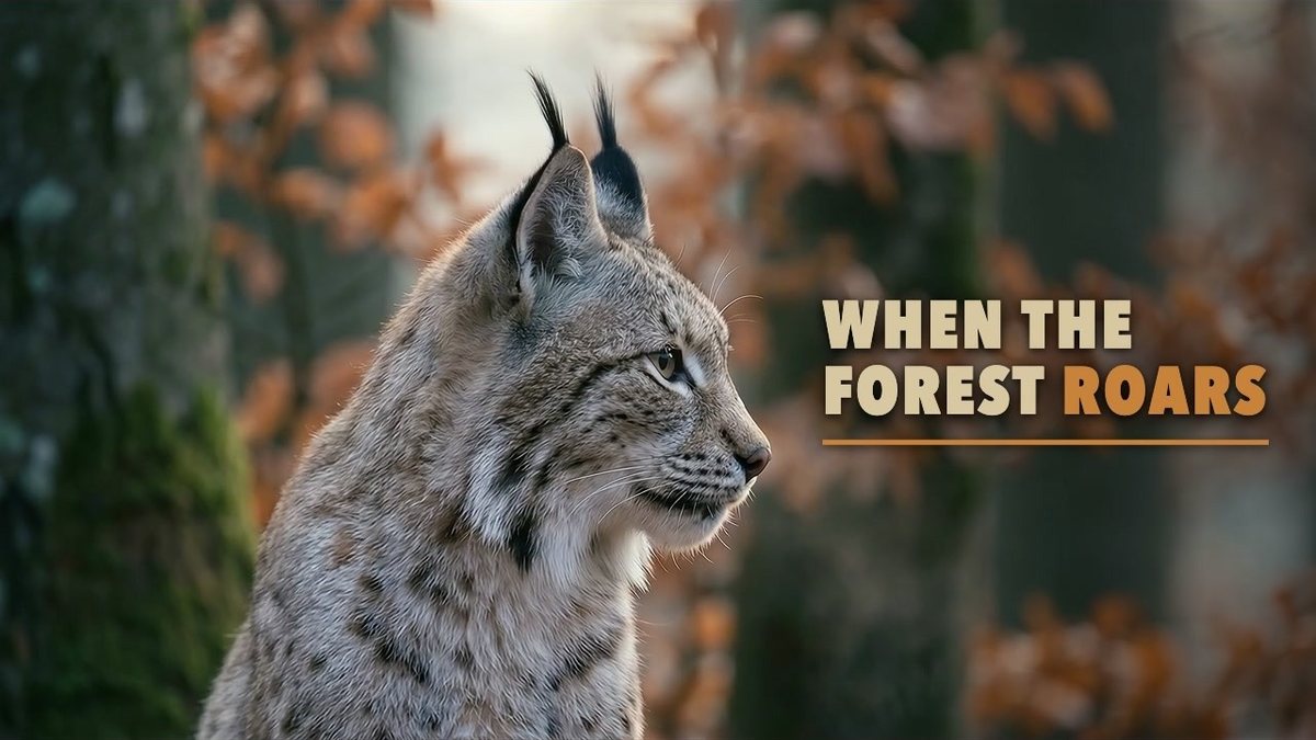 Episode thumbnail: a Eurasian lynx with tufted ears, in profile, in an autumn beech forest, with the words When the forest roars