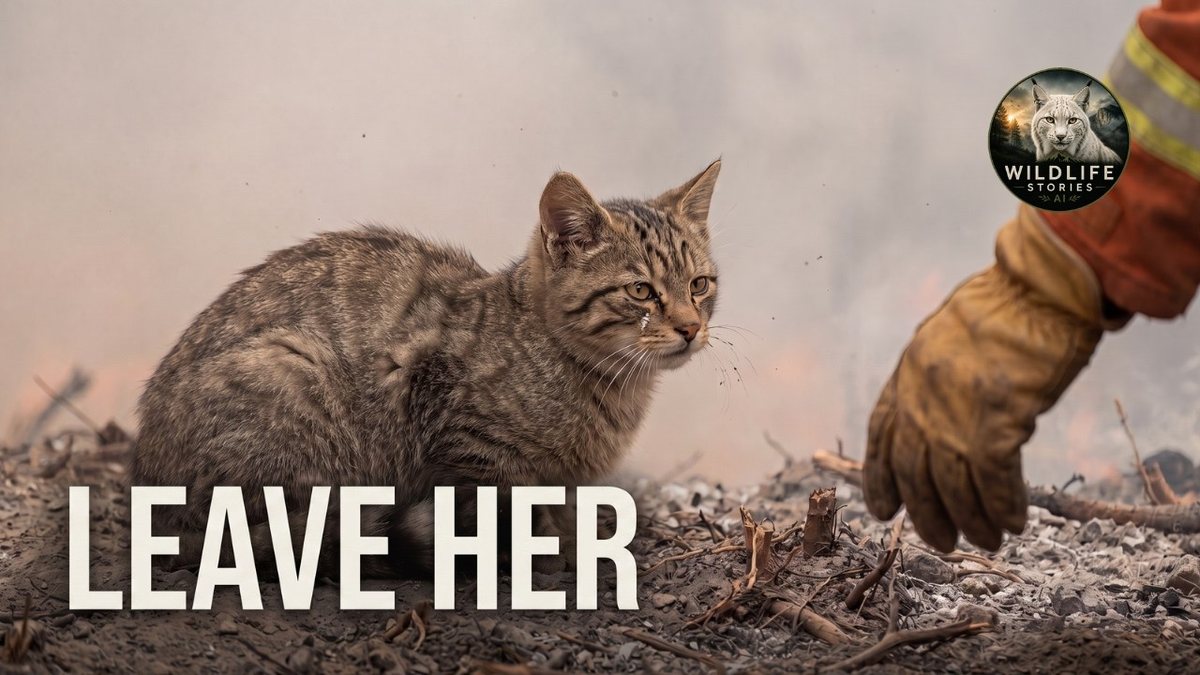 Episode thumbnail: a grey striped wildcat kitten on scorched ground in the smoke, with a firefighter's gloved hand reaching towards her, with the words Leave her