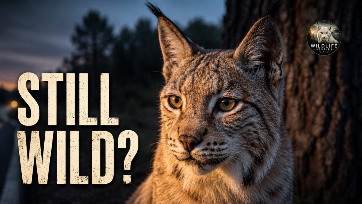 Episode thumbnail: a pale Iberian lynx with tufted ears looking towards the camera at dusk beside a tree trunk, with the words Still wild?