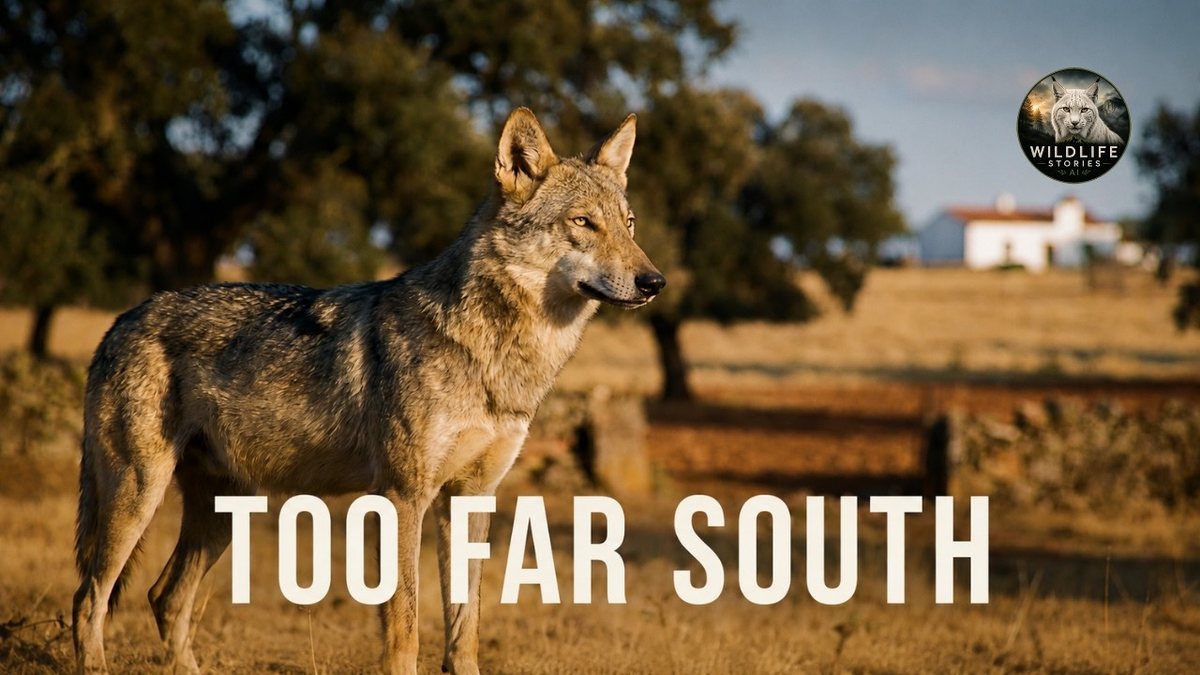 Episode thumbnail: a wolf standing in dry golden grass on an open dehesa, with oaks and a white farmhouse behind, with the words Too far south