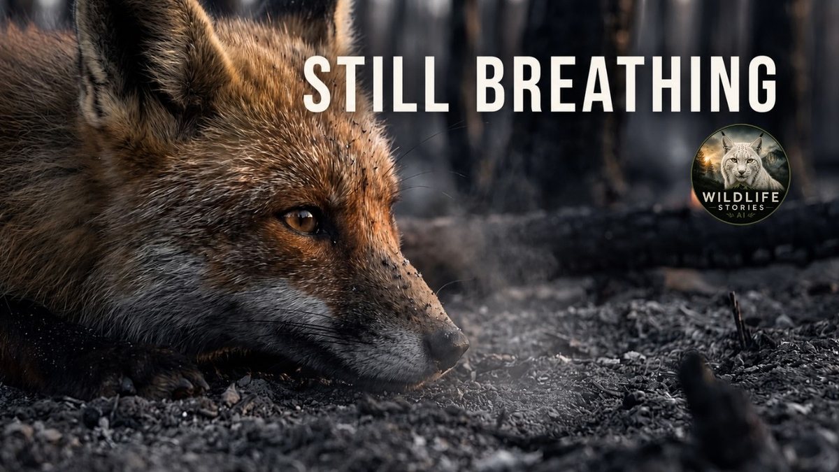 Episode thumbnail: a red fox lying on the ash-covered ground of a burnt forest, with the words Still breathing