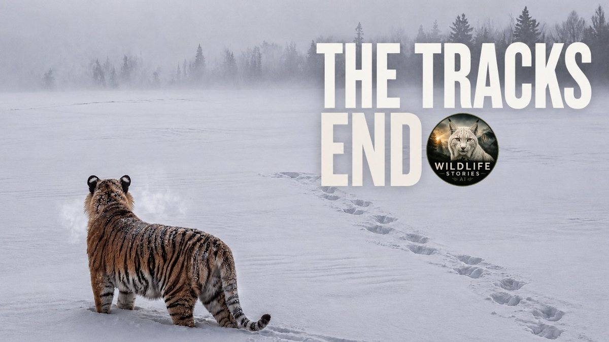 Episode thumbnail: a young tiger standing in deep snow beside a line of paw prints that runs into the fog, with the words The tracks end